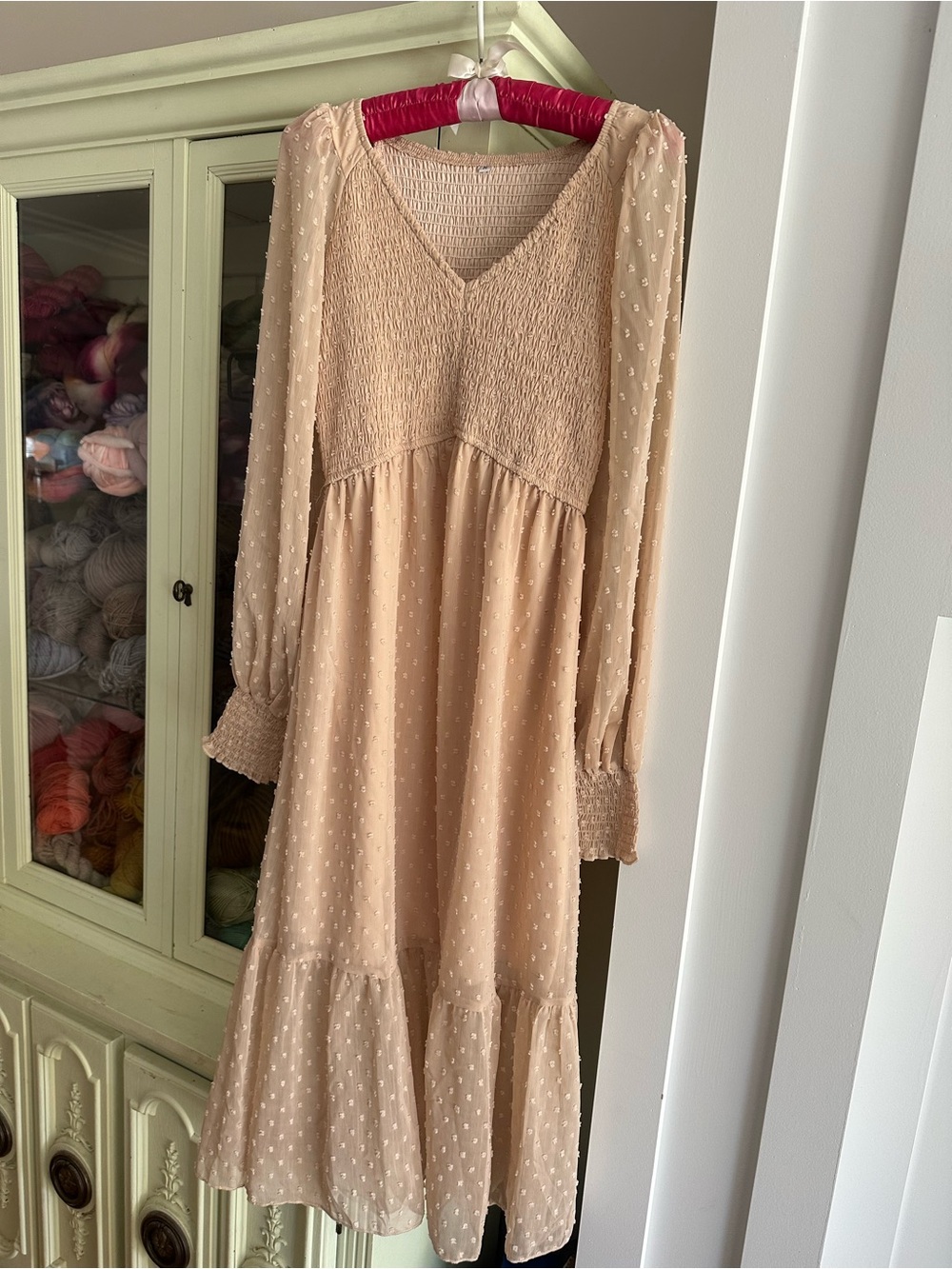 Women's Cream Swiss Dot Maxidress with Smocked Bodice